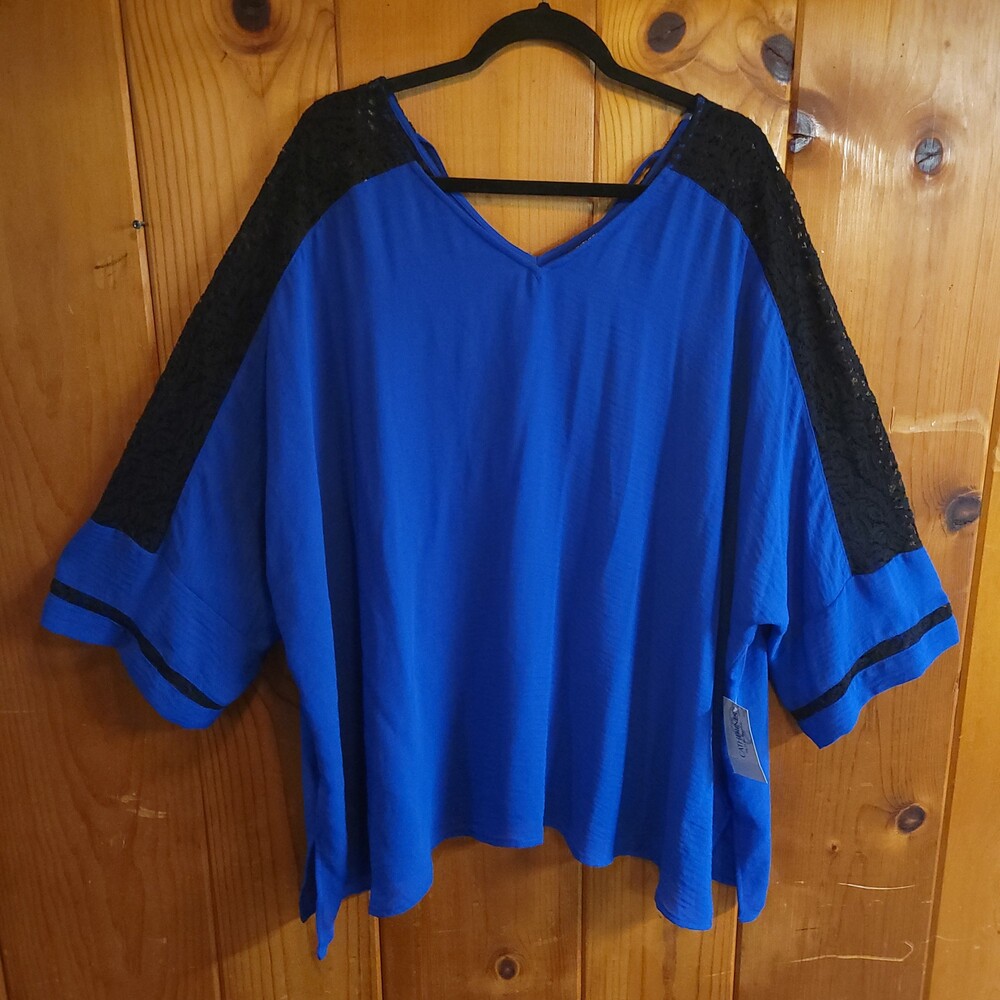 Catherines Blue 3X Top with Black Lace Accents